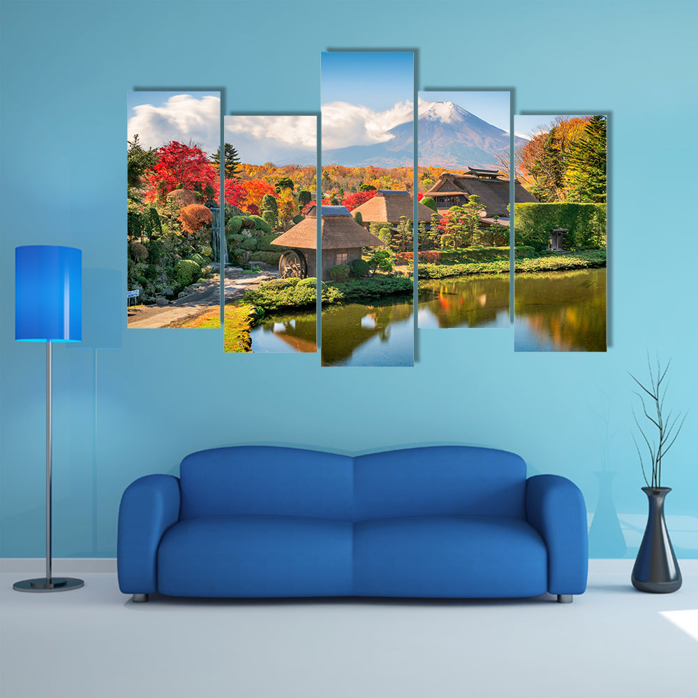 Oshino, Japan historic thatch roof farmhouses with Mt. Fuji multi panel canvas wall art