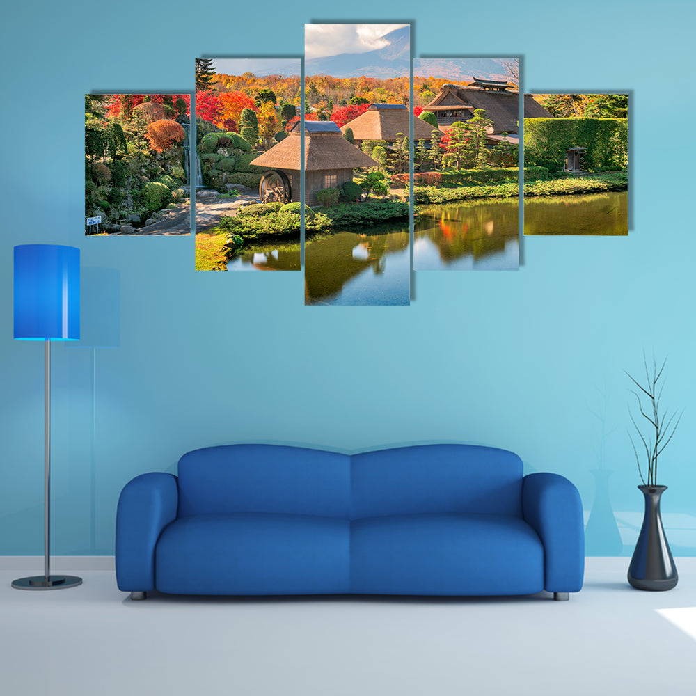 Oshino, Japan historic thatch roof farmhouses with Mt. Fuji multi panel canvas wall art