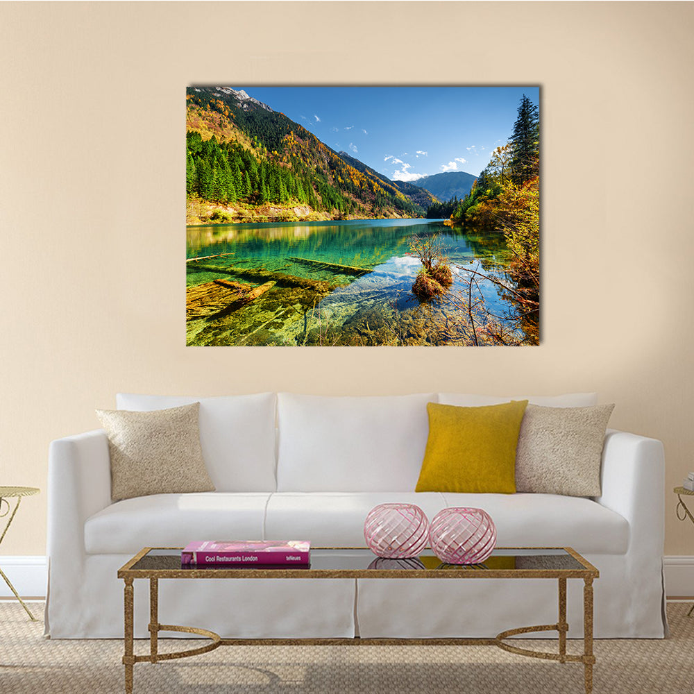 Beautiful view of the Arrow Bamboo Lake with crystal clear water among mountains multi panel canvas wall art
