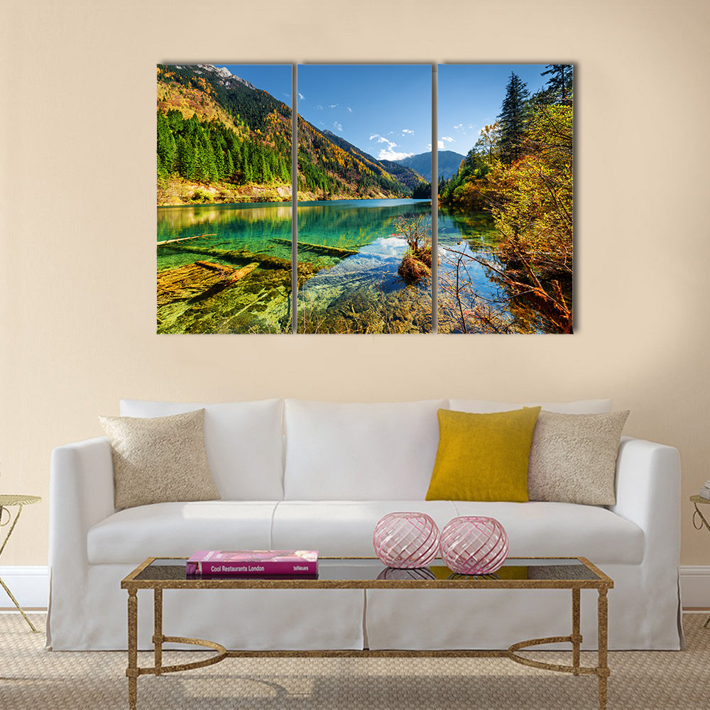 Beautiful view of the Arrow Bamboo Lake with crystal clear water among mountains multi panel canvas wall art