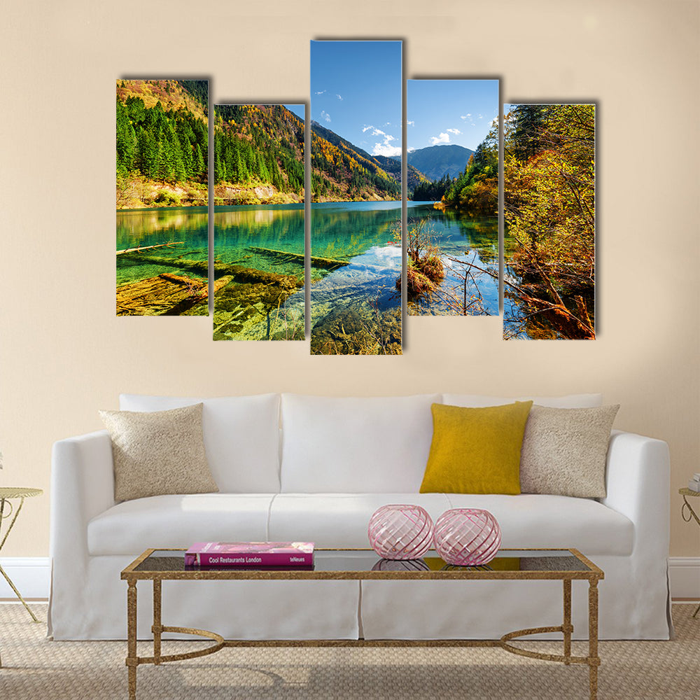 Beautiful view of the Arrow Bamboo Lake with crystal clear water among mountains multi panel canvas wall art