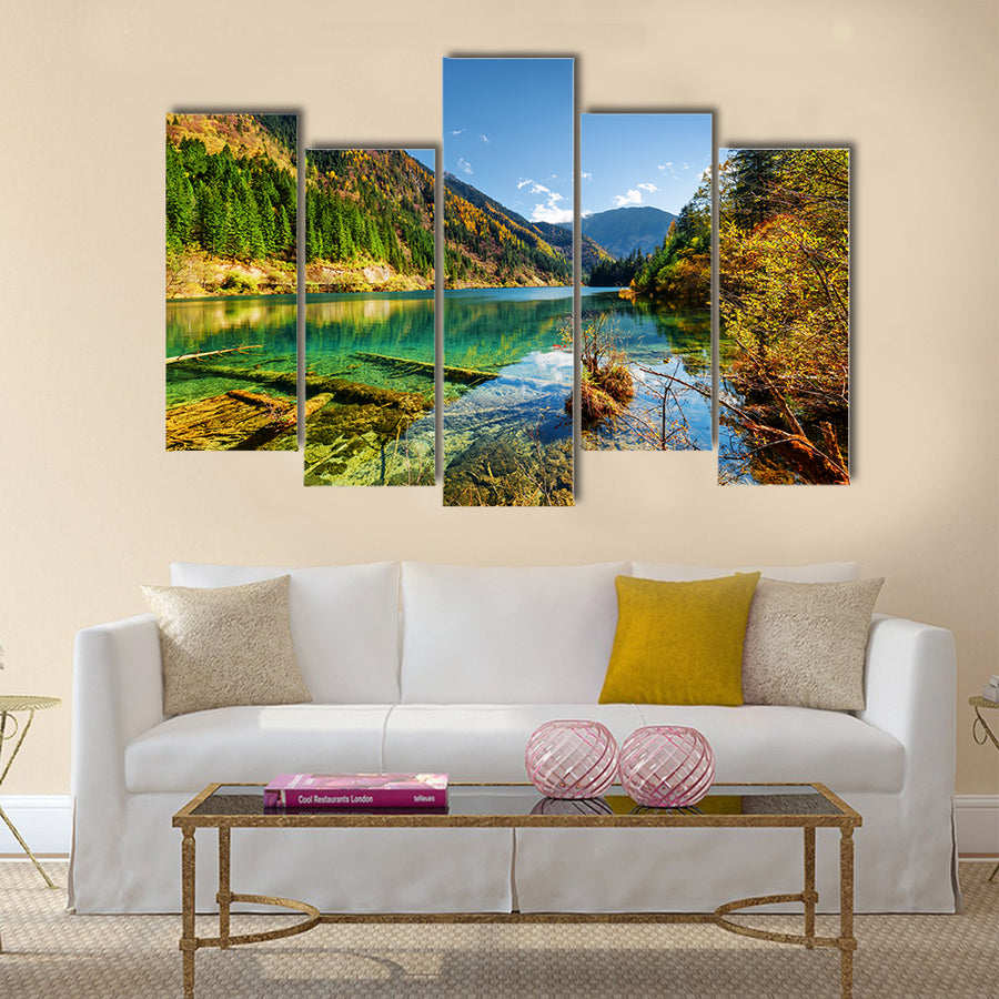 Beautiful view of the Arrow Bamboo Lake with crystal clear water among mountains multi panel canvas wall art