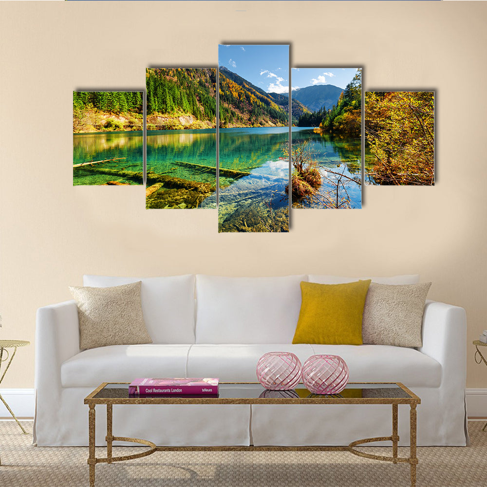 Beautiful view of the Arrow Bamboo Lake with crystal clear water among mountains multi panel canvas wall art
