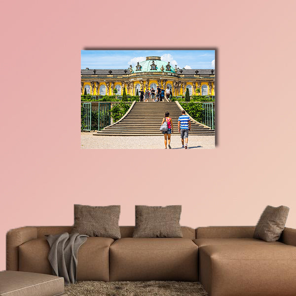 Tourists visiting the Schloss Sanssouci royal summer palace multi panel canvas wall art