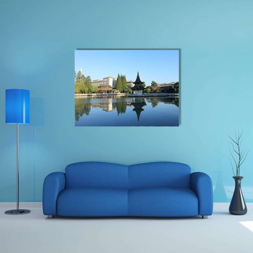 Ancient Architectural Buildings on lake multi panel canvas wall art