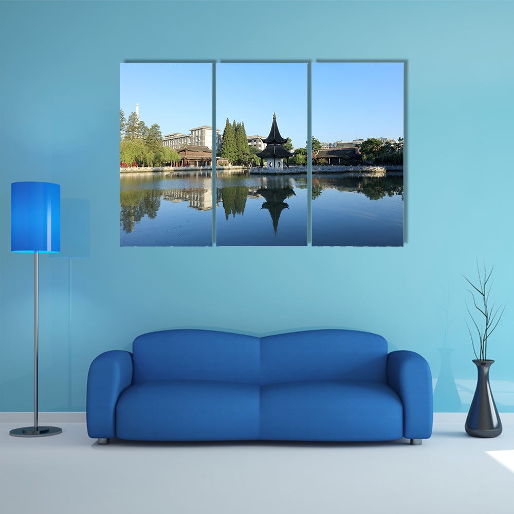 Ancient Architectural Buildings on lake multi panel canvas wall art