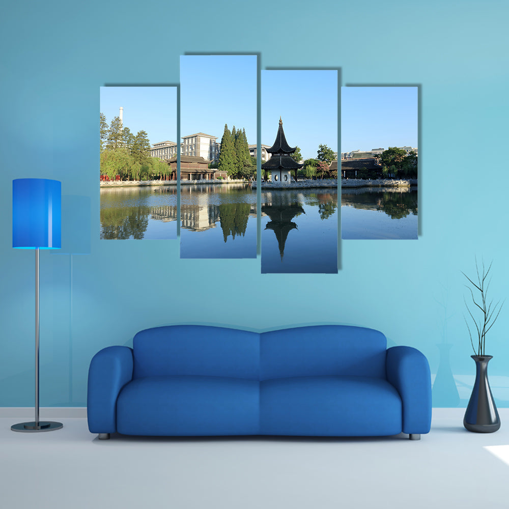 Ancient Architectural Buildings on lake multi panel canvas wall art