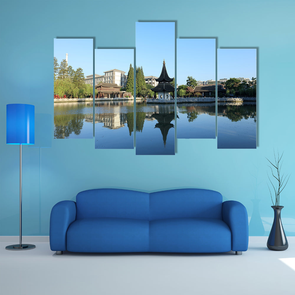 Ancient Architectural Buildings on lake multi panel canvas wall art