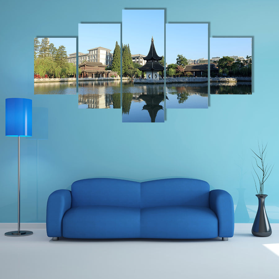Ancient Architectural Buildings on lake multi panel canvas wall art