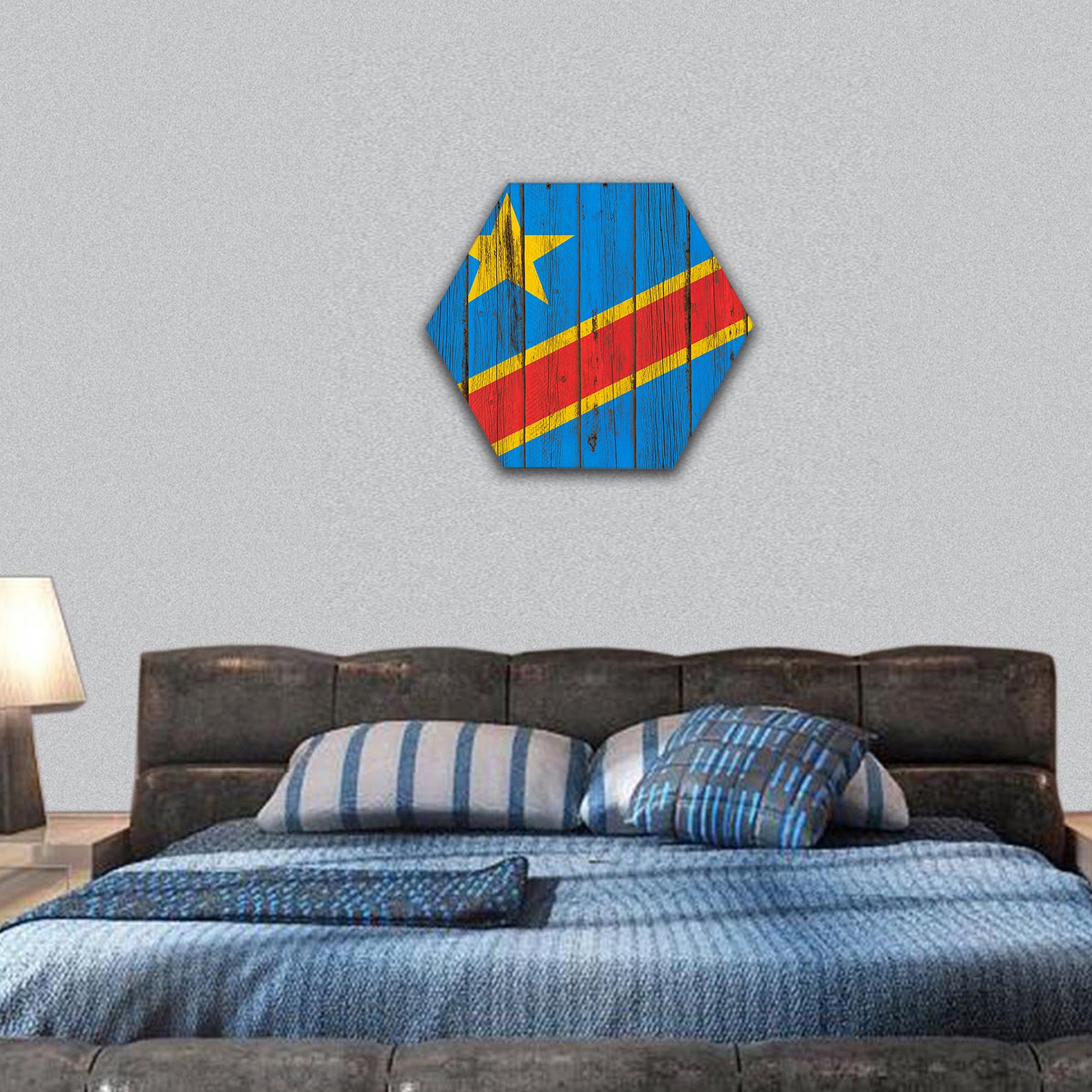 Flag of Congo painted on wooden frame hexagonal canvas wall art