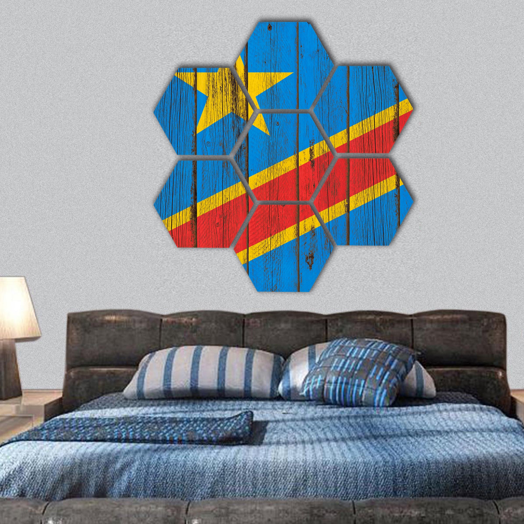 Flag of Congo painted on wooden frame hexagonal canvas wall art