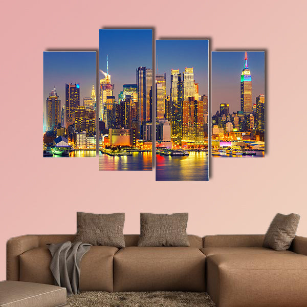 View on Manhattan at night, New York, USA Multi panel canvas wall art