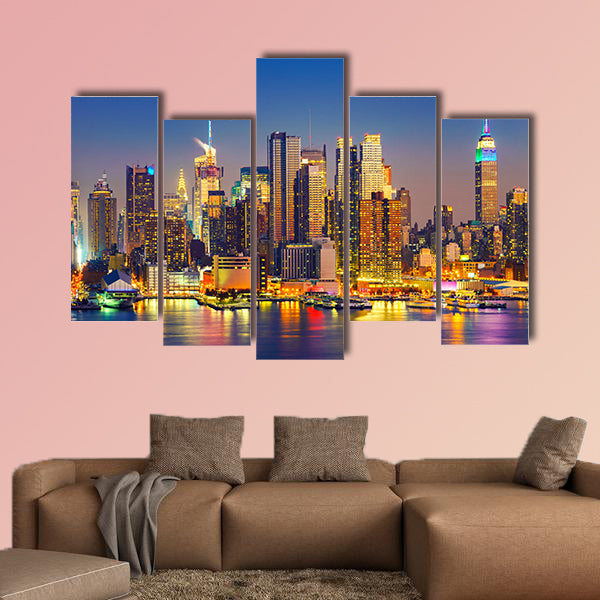 View on Manhattan at night, New York, USA Multi panel canvas wall art