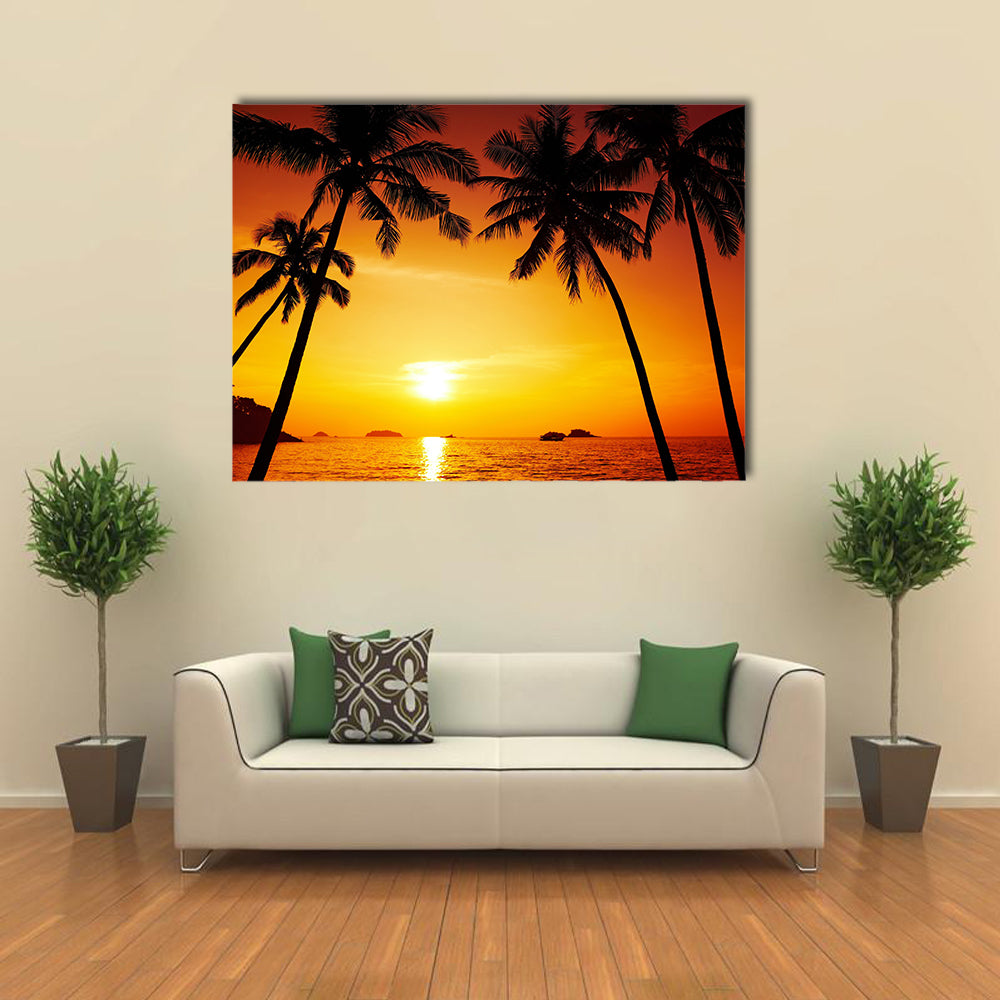 Shadow Of The Sunset On The Palm Trees And Reflection In The Water, Multi Panel Canvas Wall Art