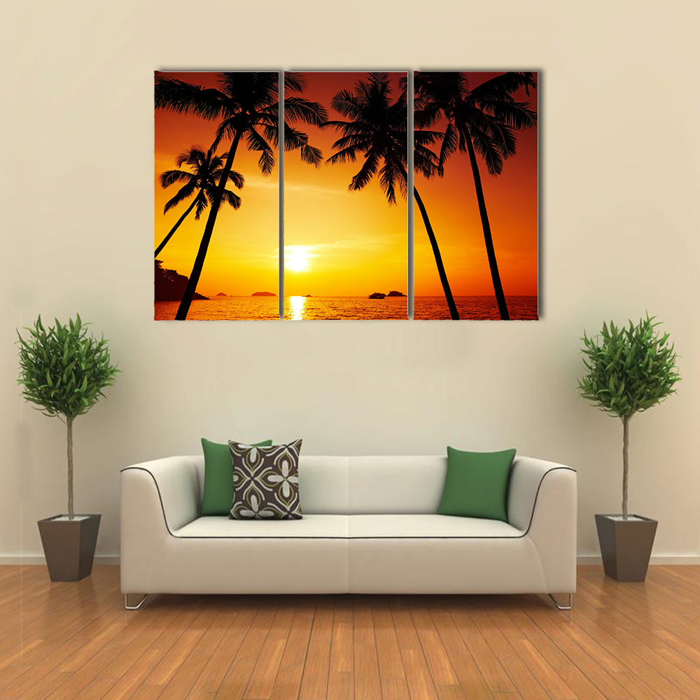 Shadow Of The Sunset On The Palm Trees And Reflection In The Water, Multi Panel Canvas Wall Art