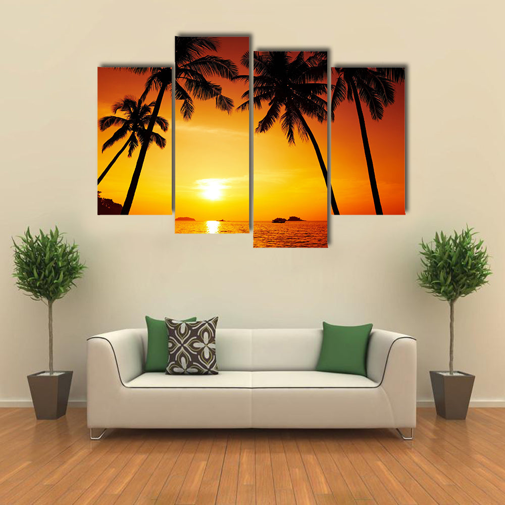 Shadow Of The Sunset On The Palm Trees And Reflection In The Water, Multi Panel Canvas Wall Art