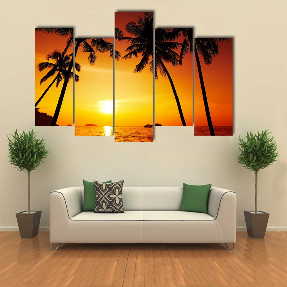 Shadow Of The Sunset On The Palm Trees And Reflection In The Water, Multi Panel Canvas Wall Art