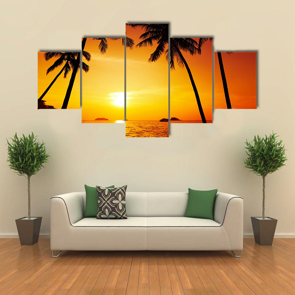 Shadow Of The Sunset On The Palm Trees And Reflection In The Water, Multi Panel Canvas Wall Art