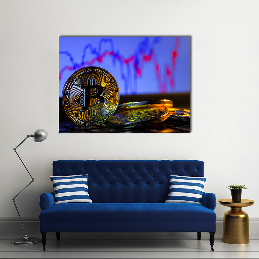 A golden bitcoin with keyboard and graph background multi panel canvas wall art