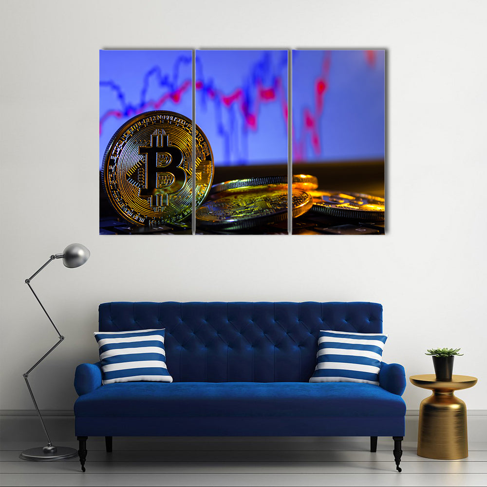 A golden bitcoin with keyboard and graph background multi panel canvas wall art