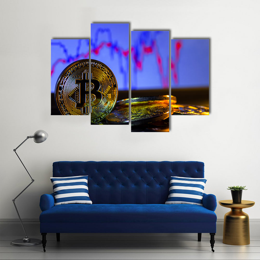 A golden bitcoin with keyboard and graph background multi panel canvas wall art
