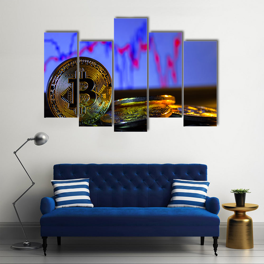A golden bitcoin with keyboard and graph background multi panel canvas wall art