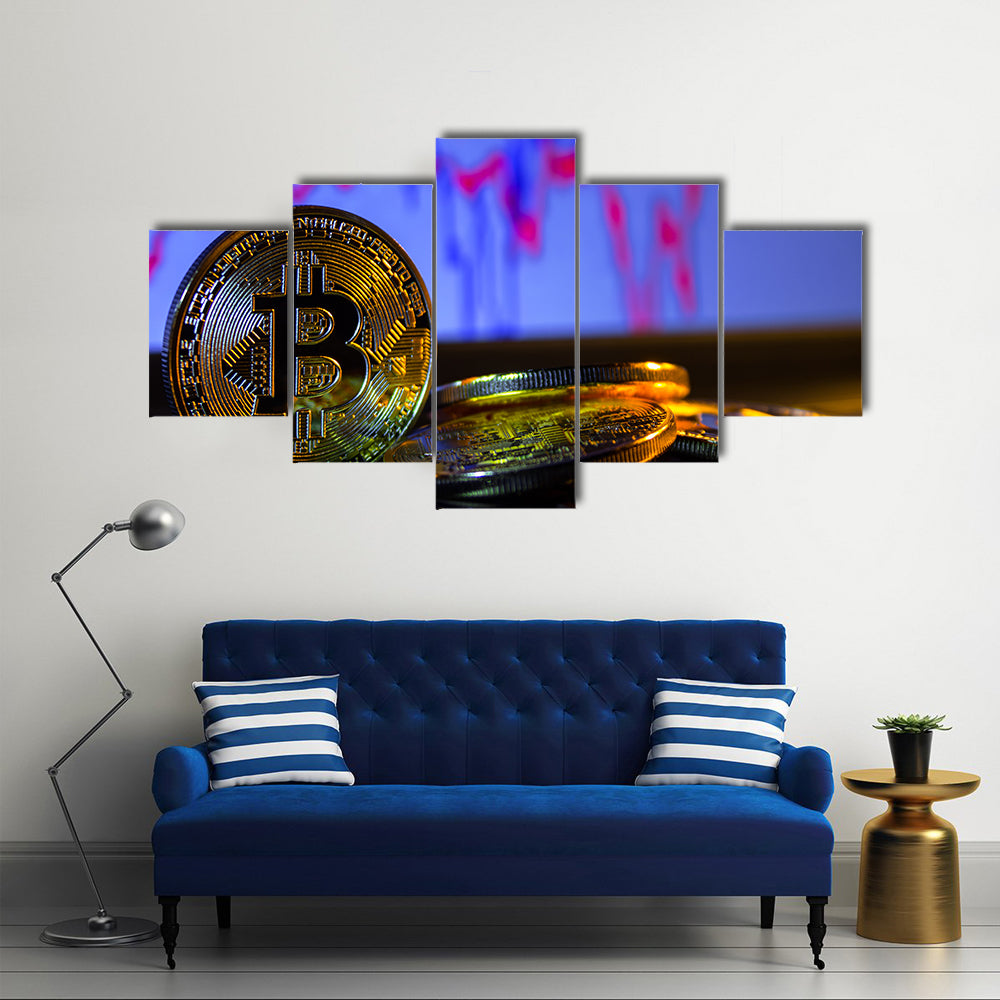 A golden bitcoin with keyboard and graph background multi panel canvas wall art