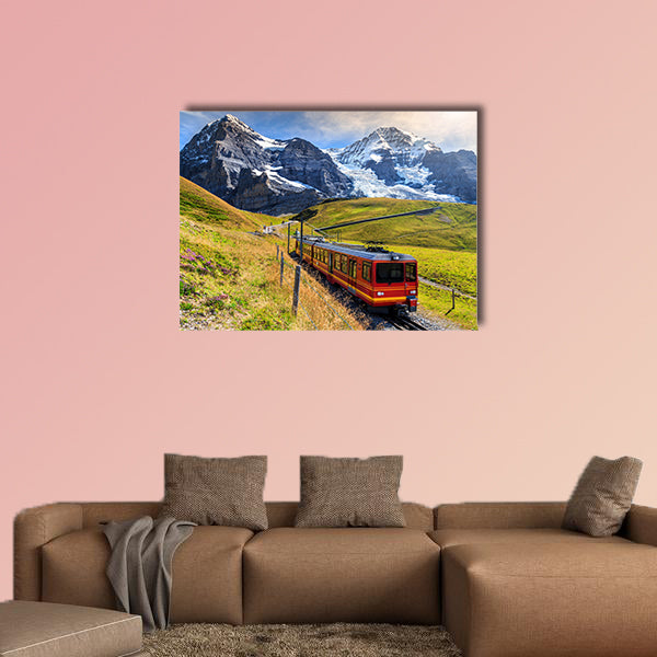 Famous electric red tourist train coming down from Jungfraujoch station art