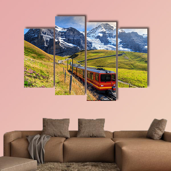 Famous electric red tourist train coming down from Jungfraujoch station art