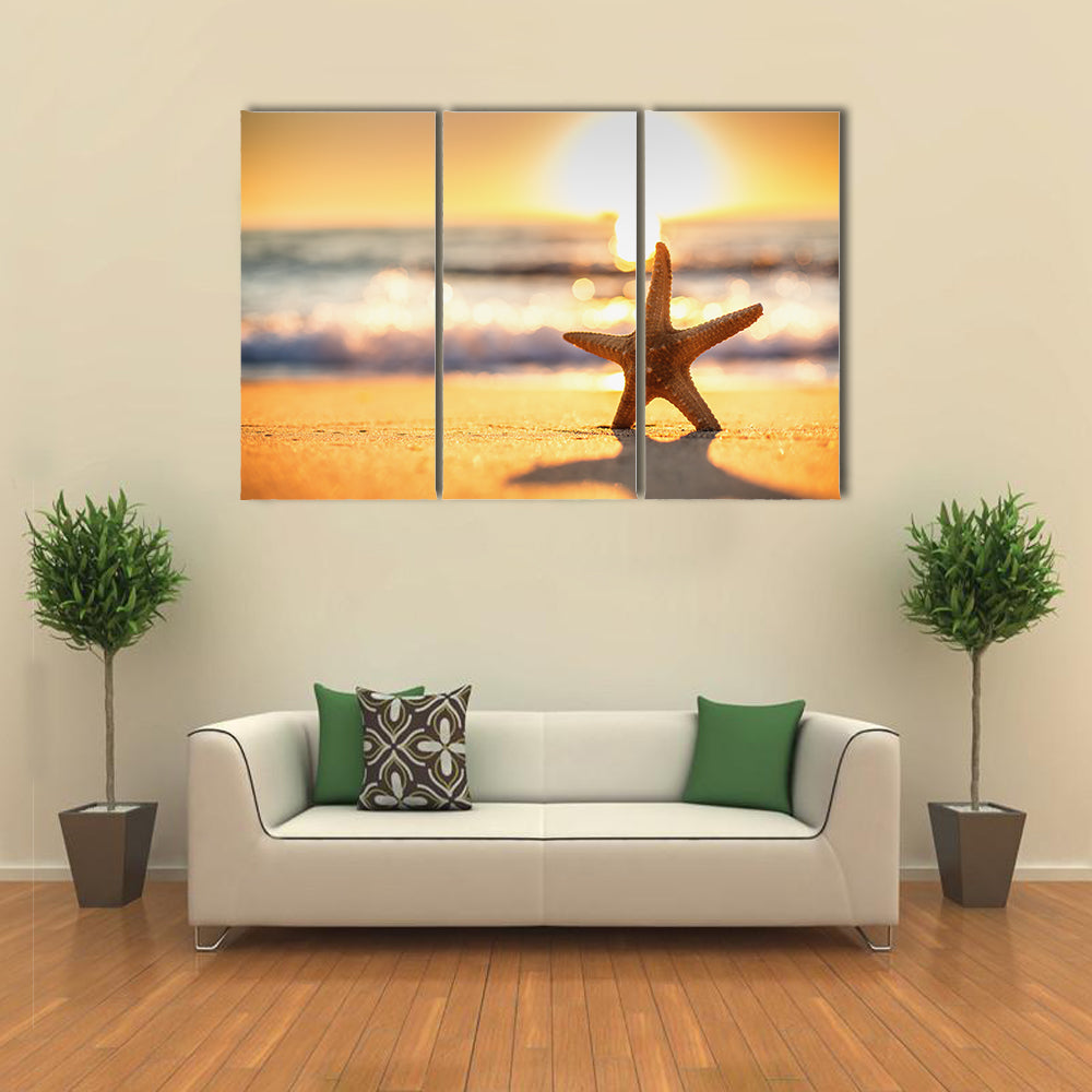 Sea Starfish On The Beach At Sunrise Multi Panel Canvas Wall Art