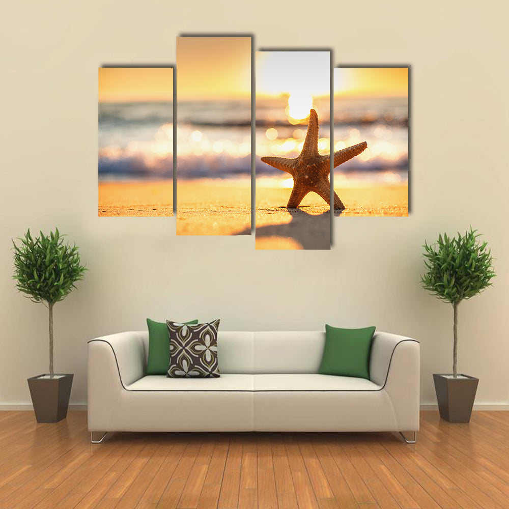 Sea Starfish On The Beach At Sunrise Multi Panel Canvas Wall Art