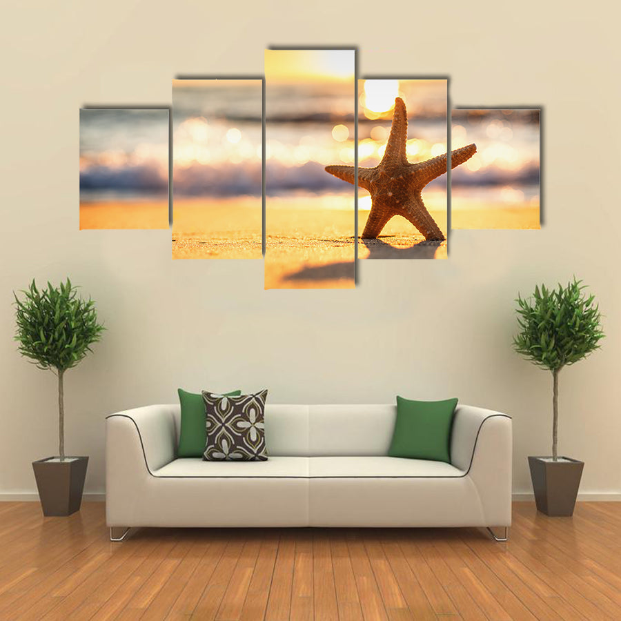 Sea Starfish On The Beach At Sunrise Multi Panel Canvas Wall Art