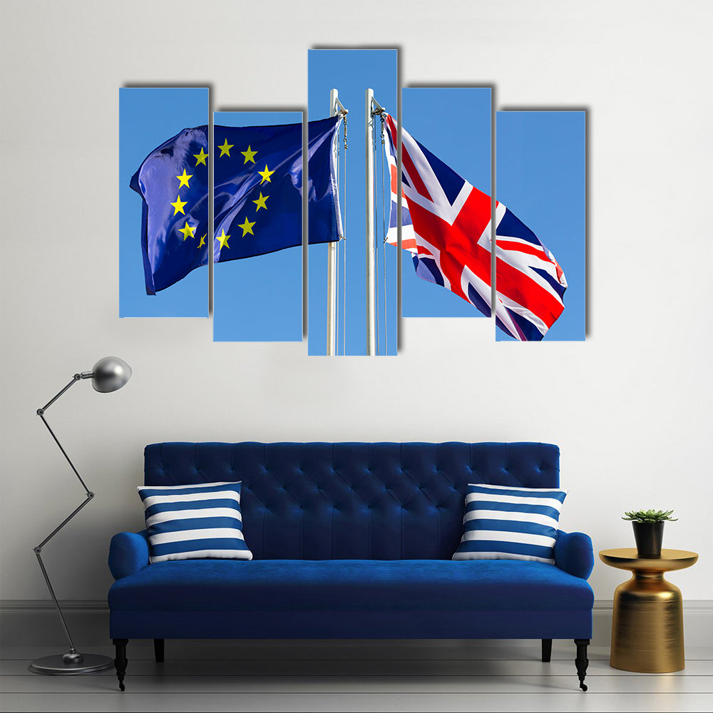 European Union flag and flag of UK on flagpole Multi panel canvas wall art