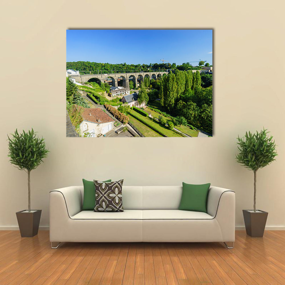 The Train Bridge At Grund, Luxembourg With Blue Sky, Multi Panel Canvas Wall Art