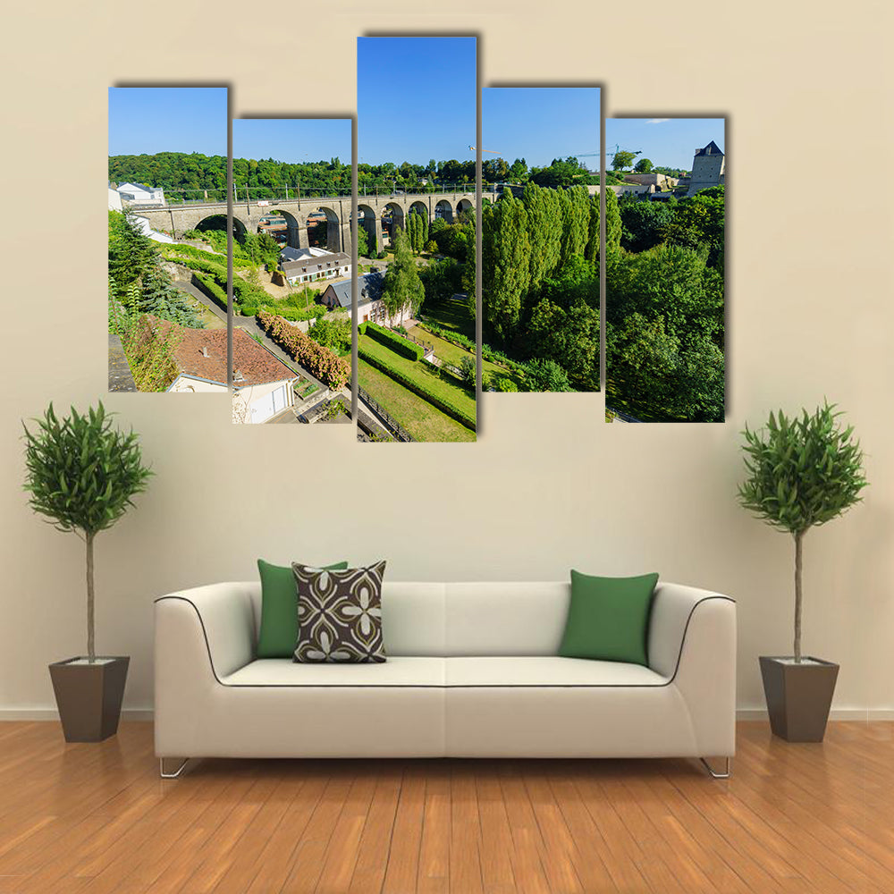 The Train Bridge At Grund, Luxembourg With Blue Sky, Multi Panel Canvas Wall Art