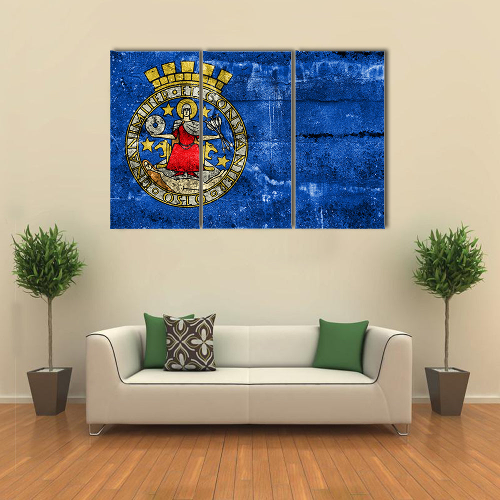 Flag Of Oslo, Norway, Painted On Dirty Wall Multi Panel Canvas Wall Art