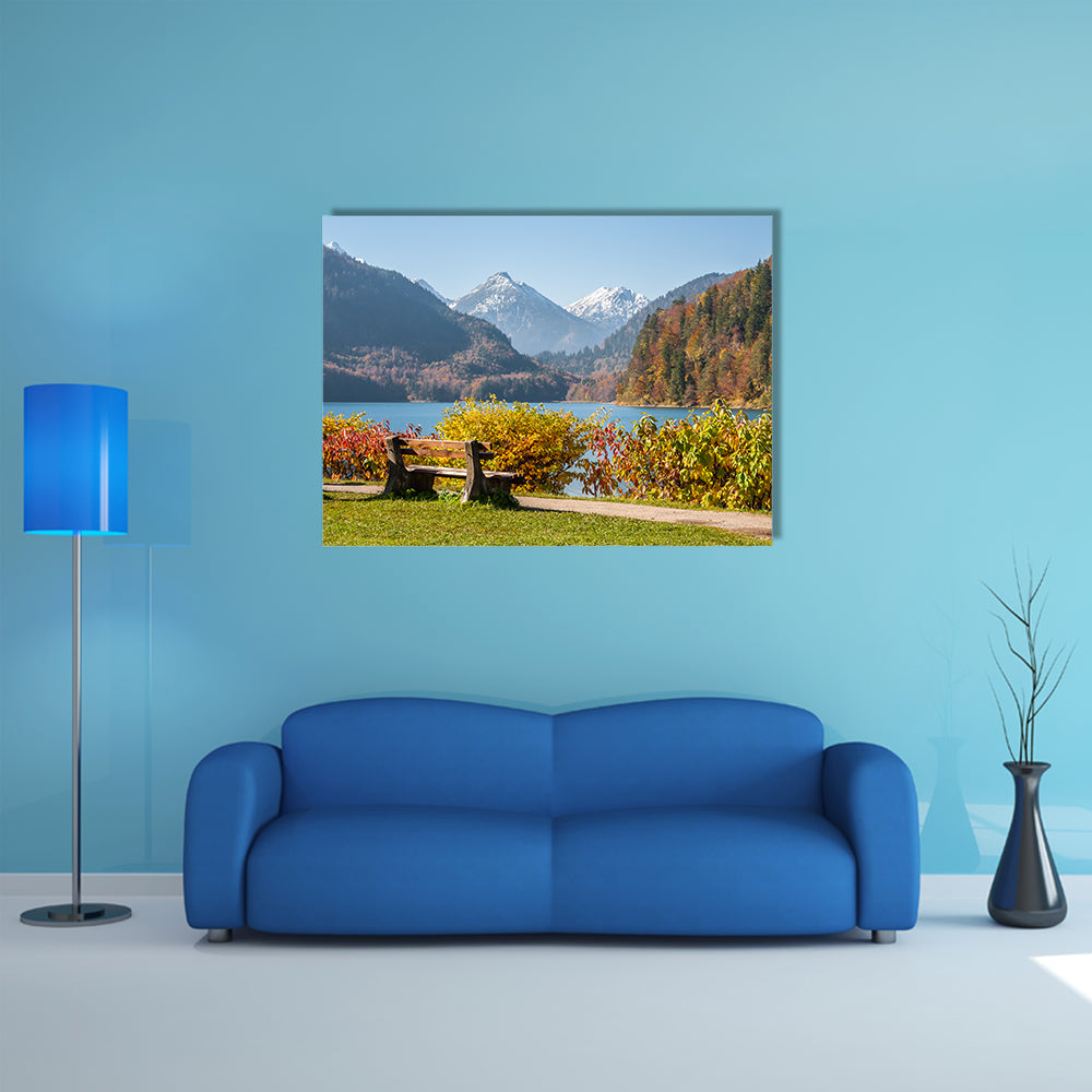 Bench Near Walkway On The Lake With Views Of Mountains Multi Panel Canvas Wall Art