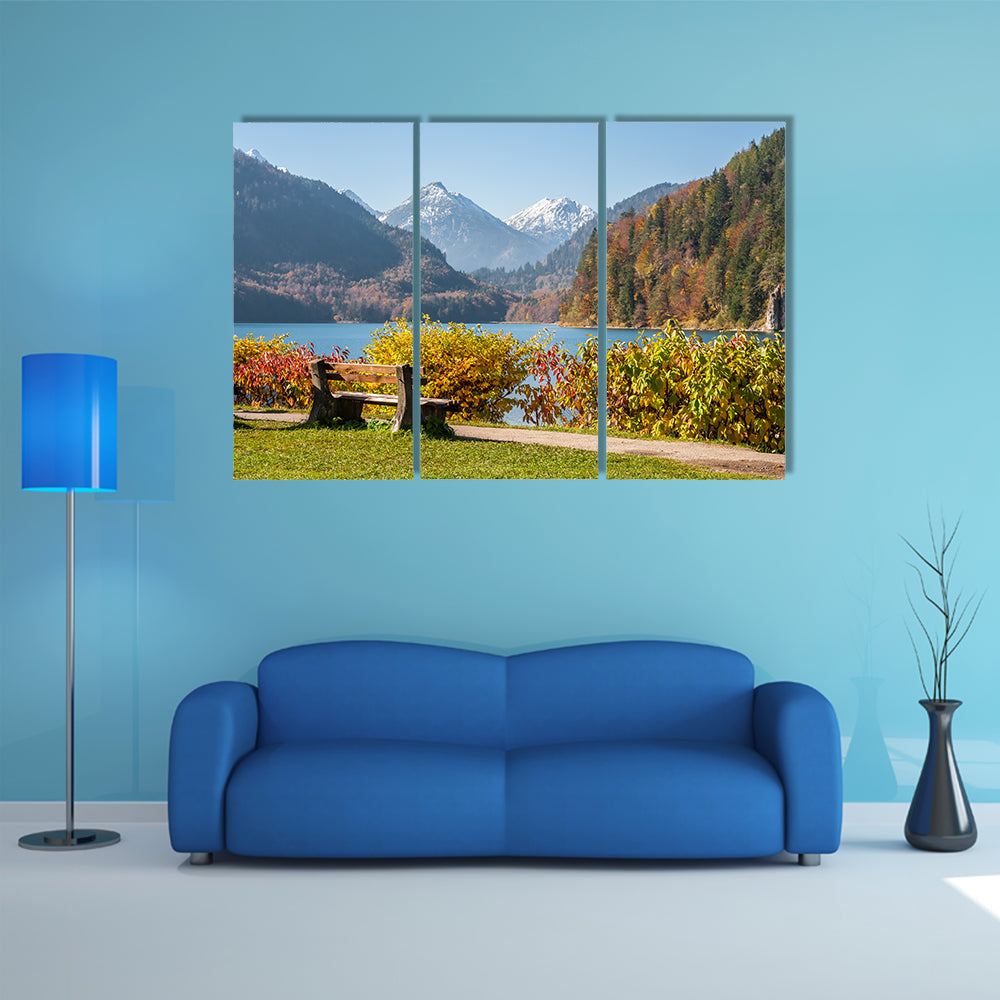 Bench Near Walkway On The Lake With Views Of Mountains Multi Panel Canvas Wall Art