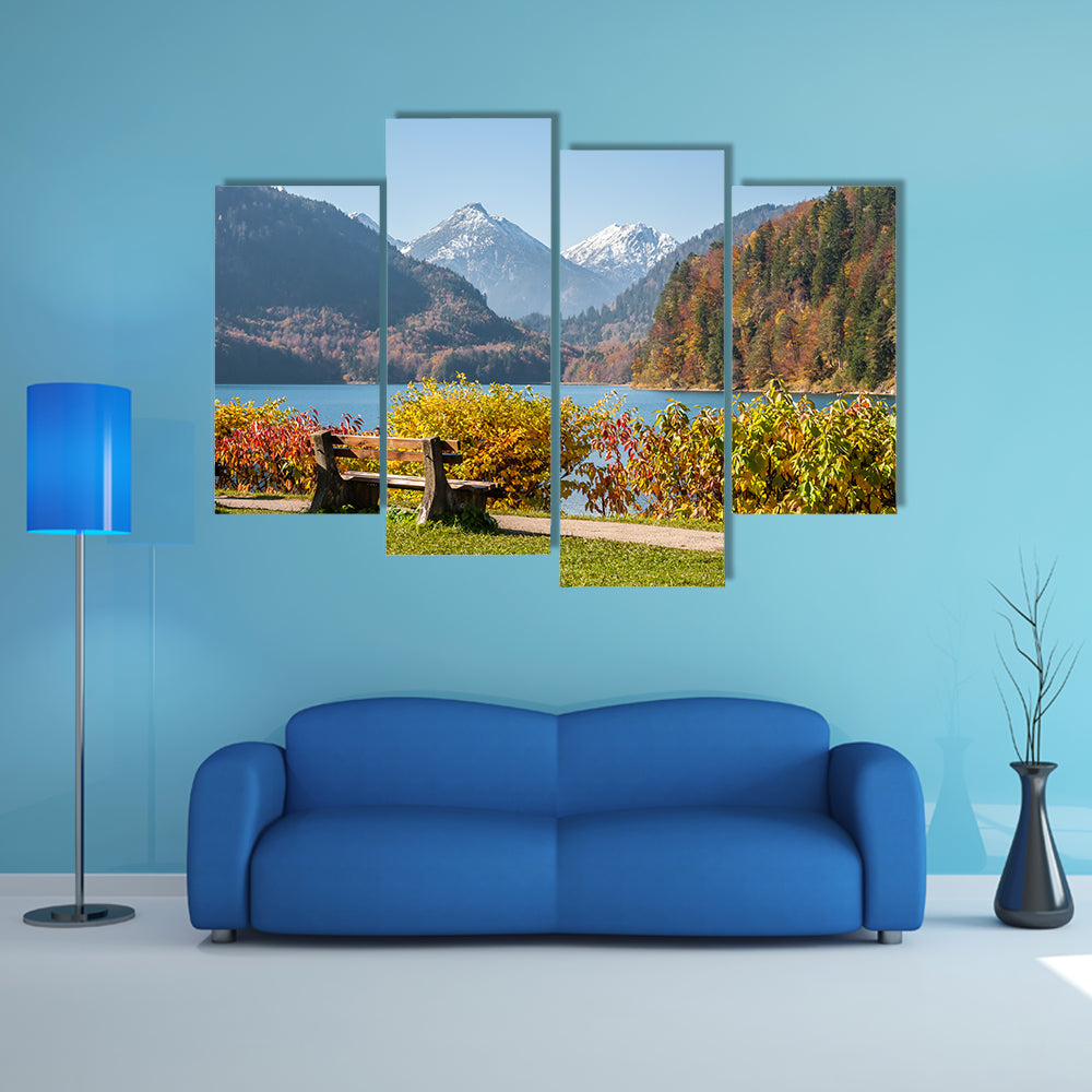 Bench Near Walkway On The Lake With Views Of Mountains Multi Panel Canvas Wall Art