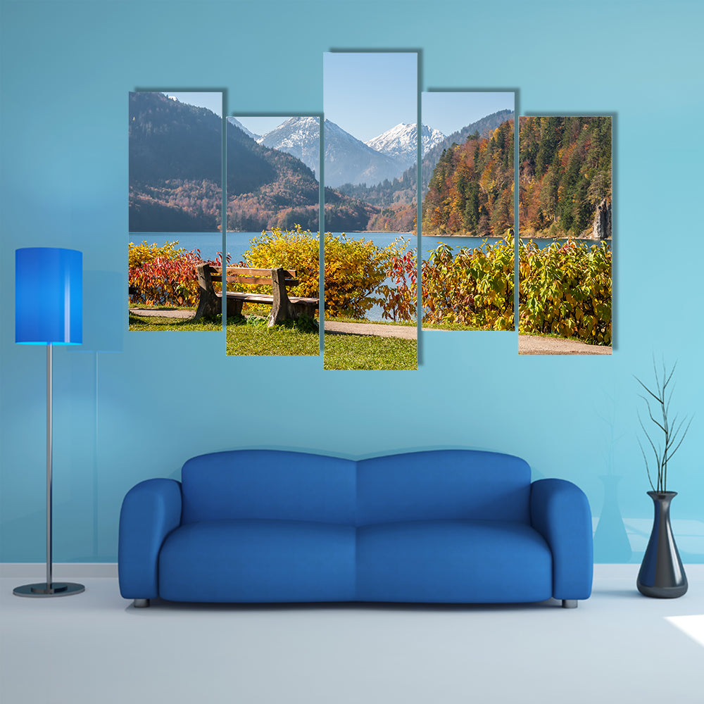 Bench Near Walkway On The Lake With Views Of Mountains Multi Panel Canvas Wall Art