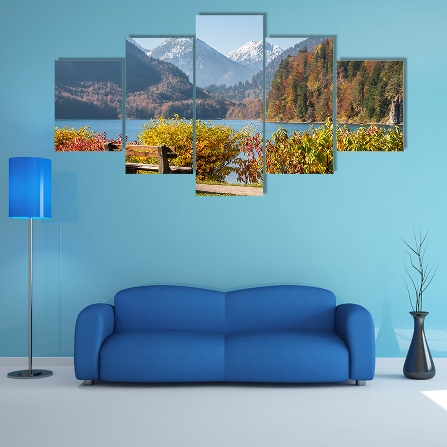 Bench Near Walkway On The Lake With Views Of Mountains Multi Panel Canvas Wall Art