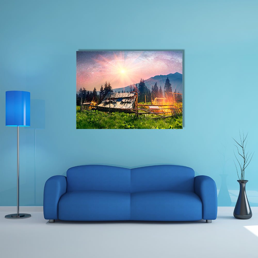 High In The Mountains Of The Shepherds Of Sheep And Cows Build Home Multi Panel Canvas Wall Art