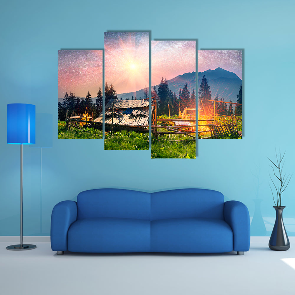 High In The Mountains Of The Shepherds Of Sheep And Cows Build Home Multi Panel Canvas Wall Art