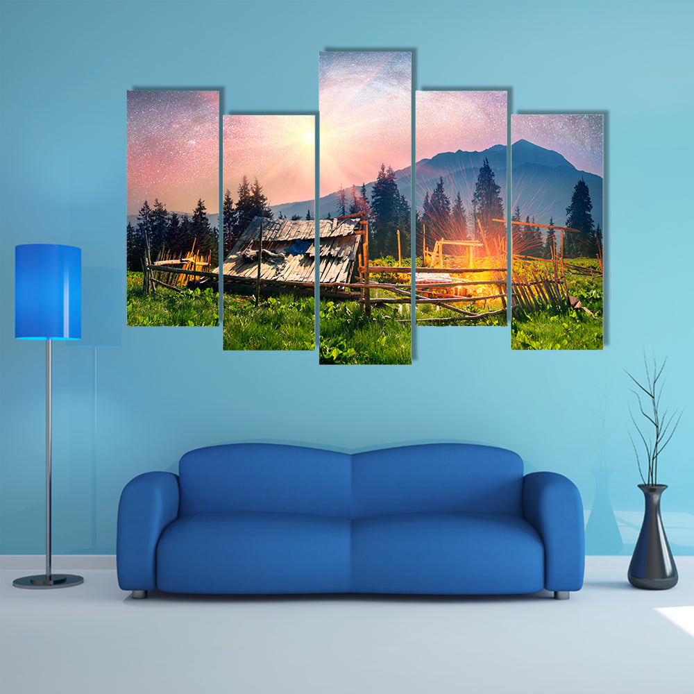 High In The Mountains Of The Shepherds Of Sheep And Cows Build Home Multi Panel Canvas Wall Art