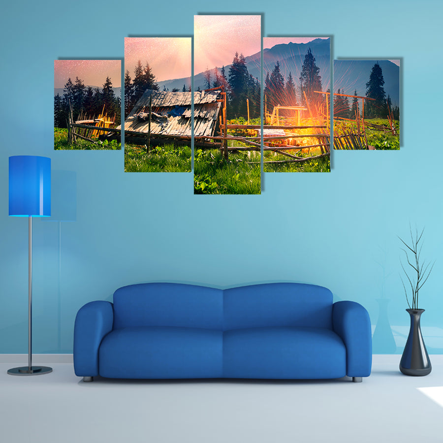 High In The Mountains Of The Shepherds Of Sheep And Cows Build Home Multi Panel Canvas Wall Art