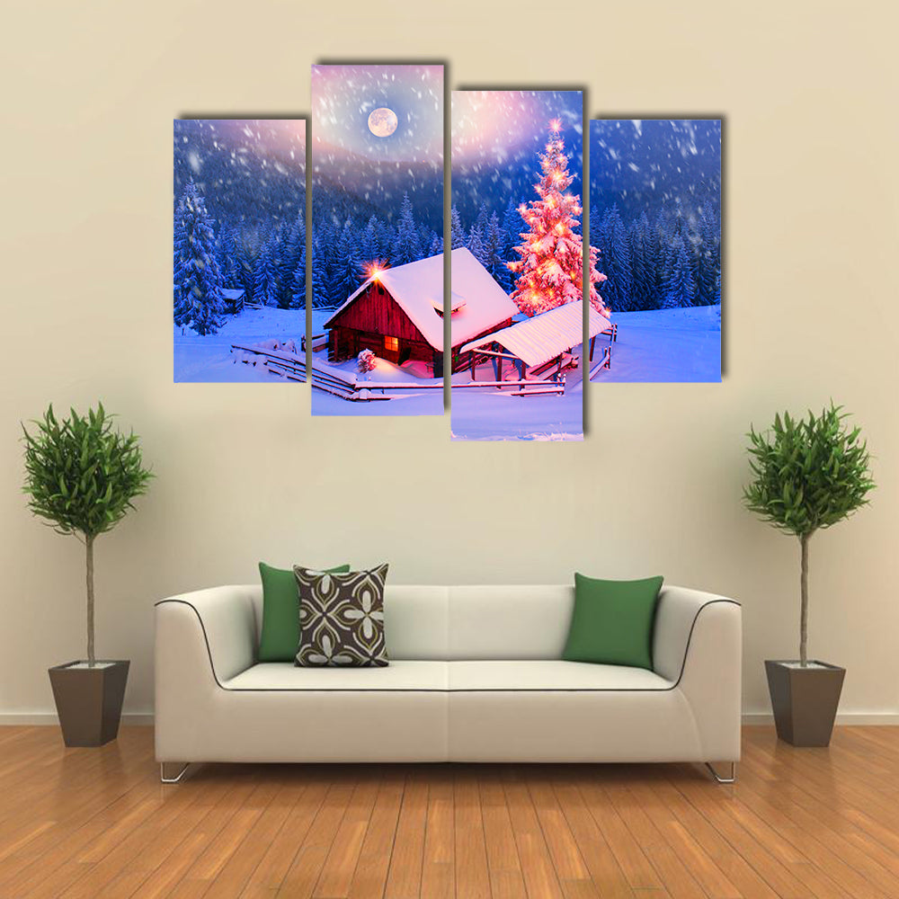 Blizzard Covered Alpine Fields Shepherds In The Ukrainian Carpathians with Mountain Peaks, Multi Panel Canvas Wall Art