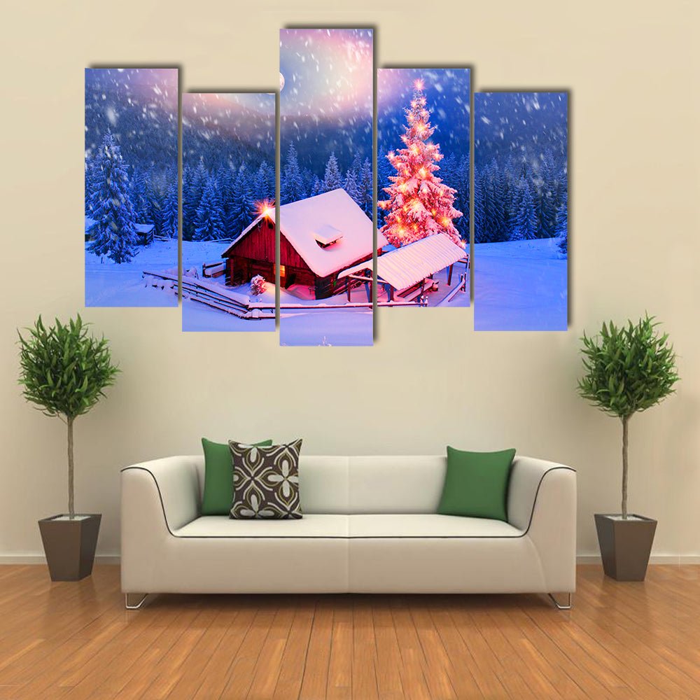 Blizzard Covered Alpine Fields Shepherds In The Ukrainian Carpathians with Mountain Peaks, Multi Panel Canvas Wall Art