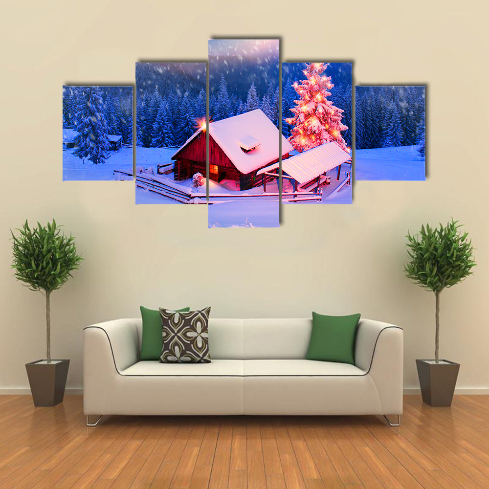 Blizzard Covered Alpine Fields Shepherds In The Ukrainian Carpathians with Mountain Peaks, Multi Panel Canvas Wall Art