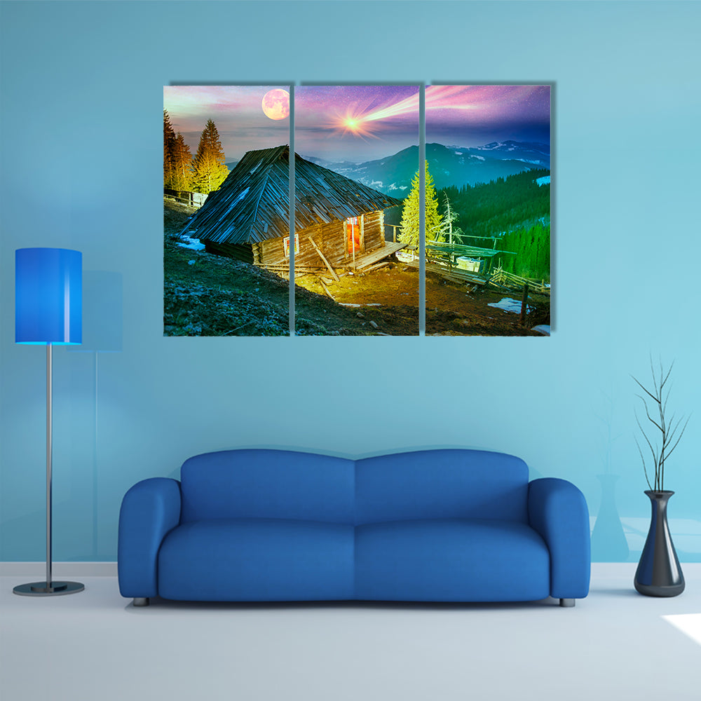 Under The Alpine Peaks, In The Highland Pastures Are Home Summer Habitation Multi Panel Canvas Wall Art