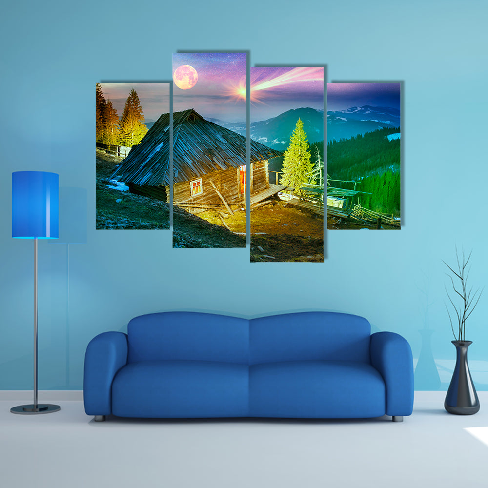 Under The Alpine Peaks, In The Highland Pastures Are Home Summer Habitation Multi Panel Canvas Wall Art